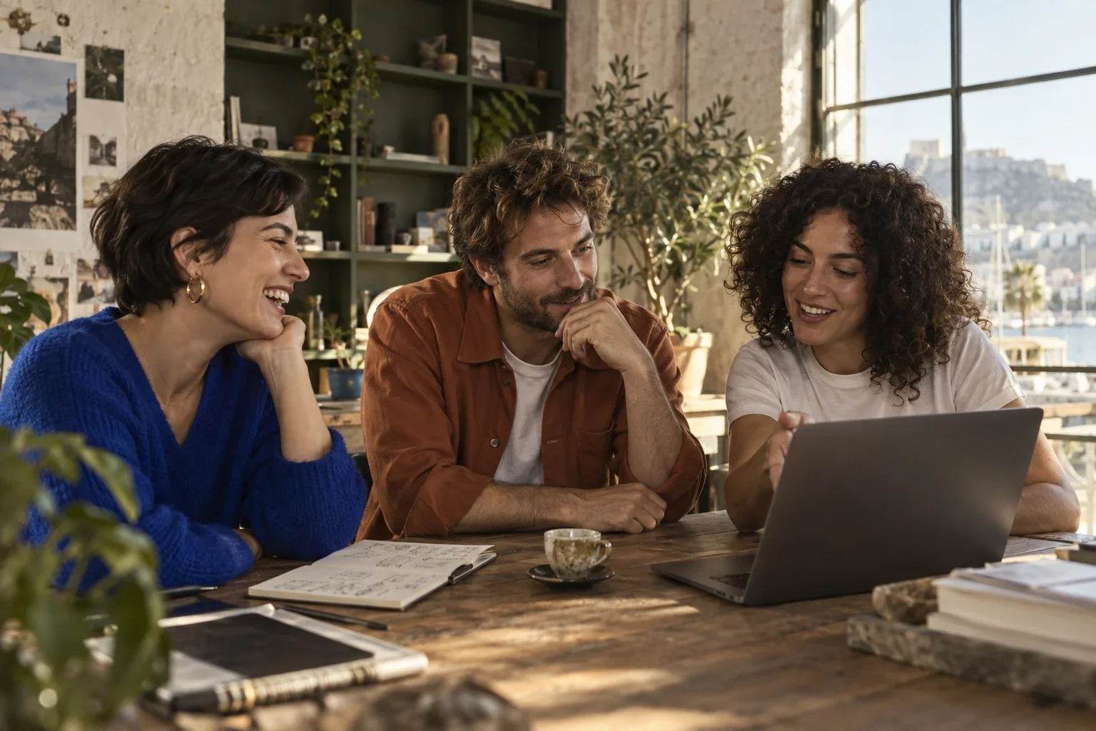A candid creative studio scene: three people sharing ideas around a laptop