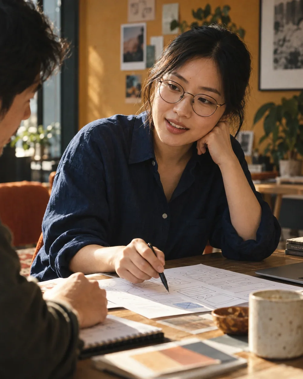 Product designer discussing a sketch with a colleague