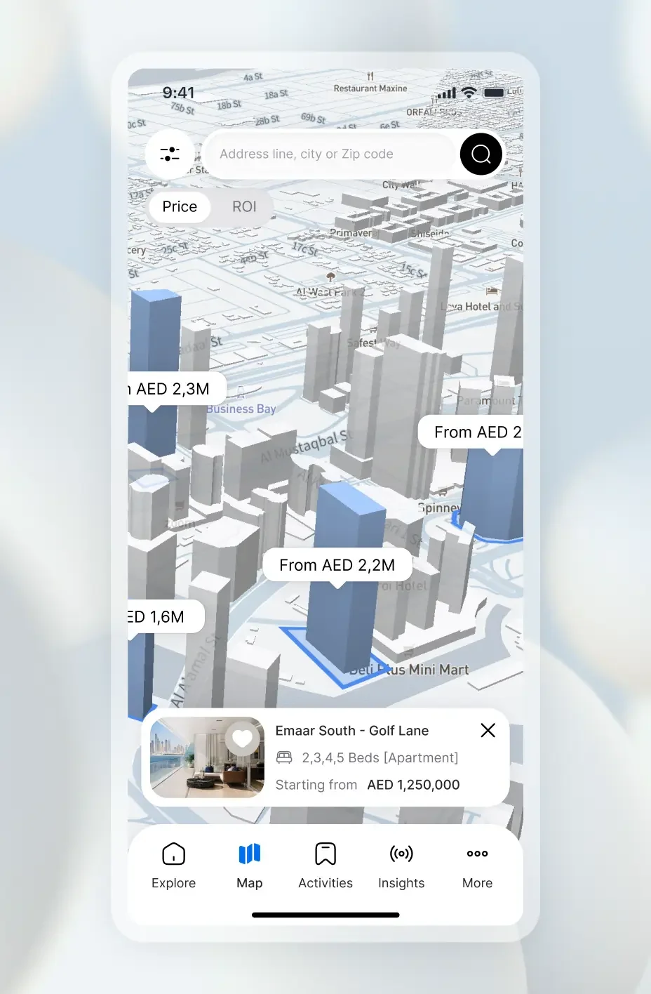 Homzly mobile map with property inventory and price markers