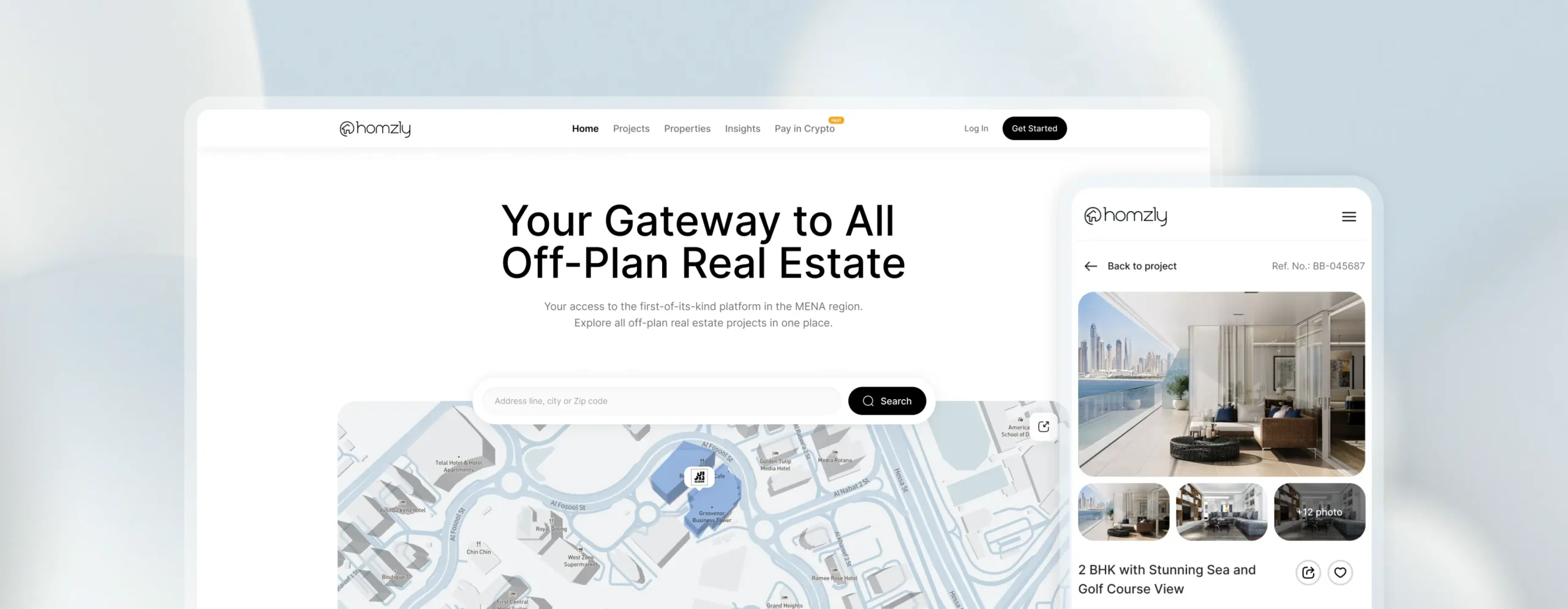 Homzly web platform and mobile property detail experience