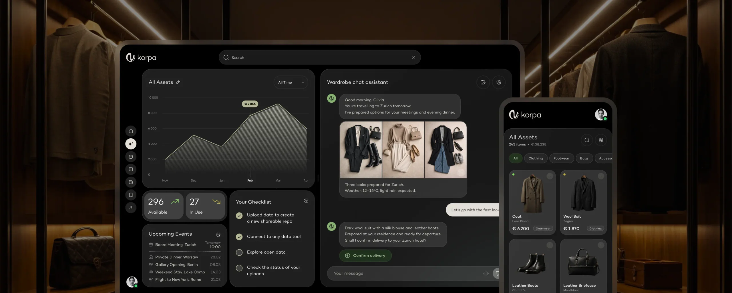 Korpa desktop wardrobe workspace, concierge assistant and mobile collection experience