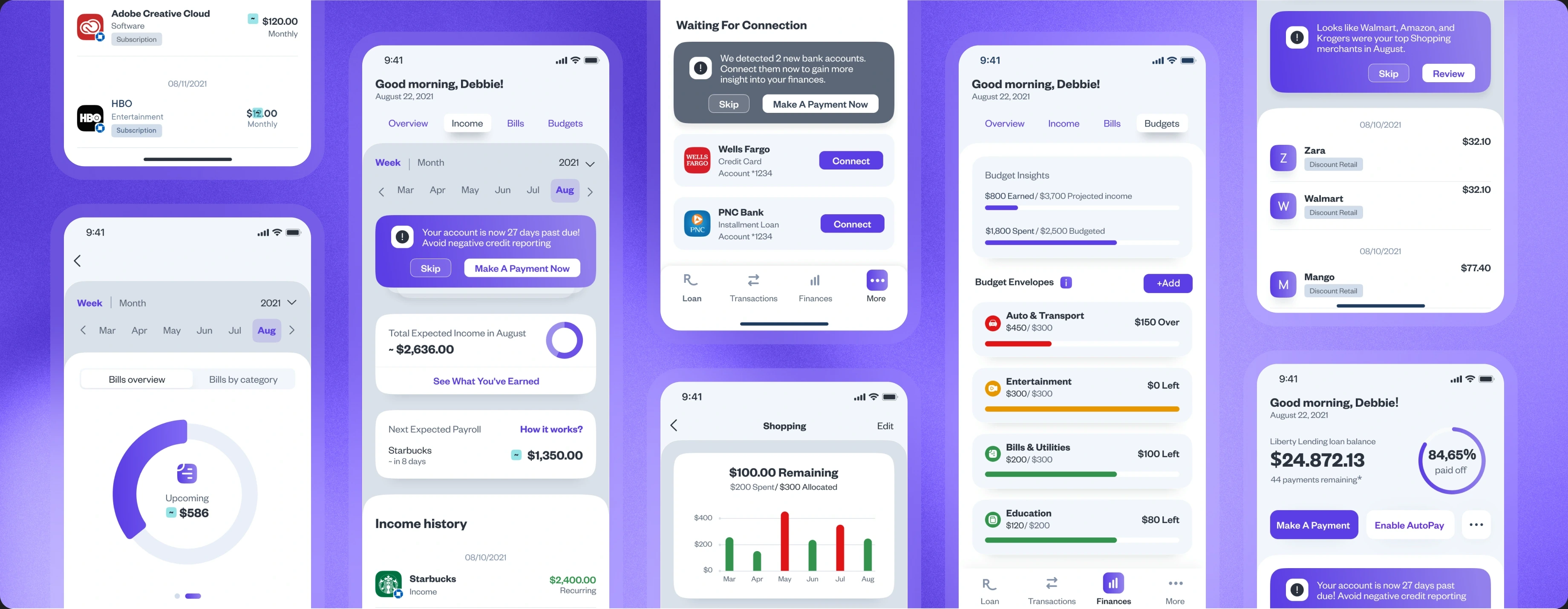 Reach mobile app screens for income, budgets, bills, connected accounts and loan repayments