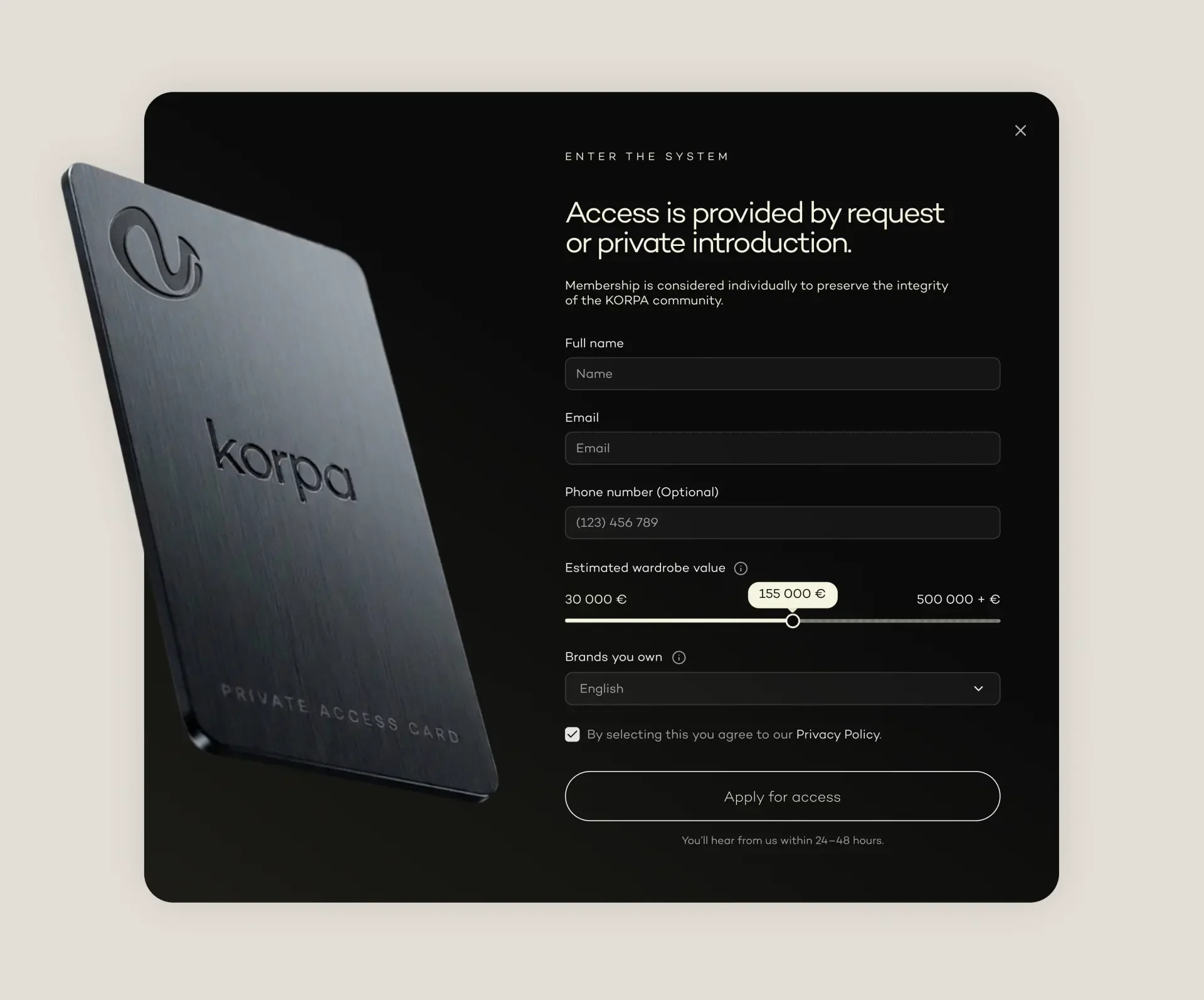 Korpa private membership application experience