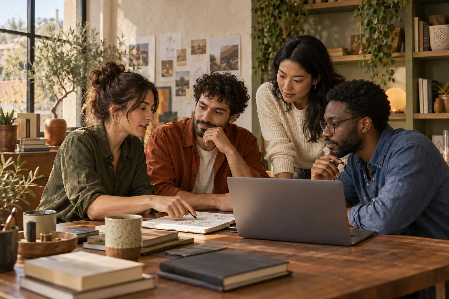 A team discussing product work around a shared table