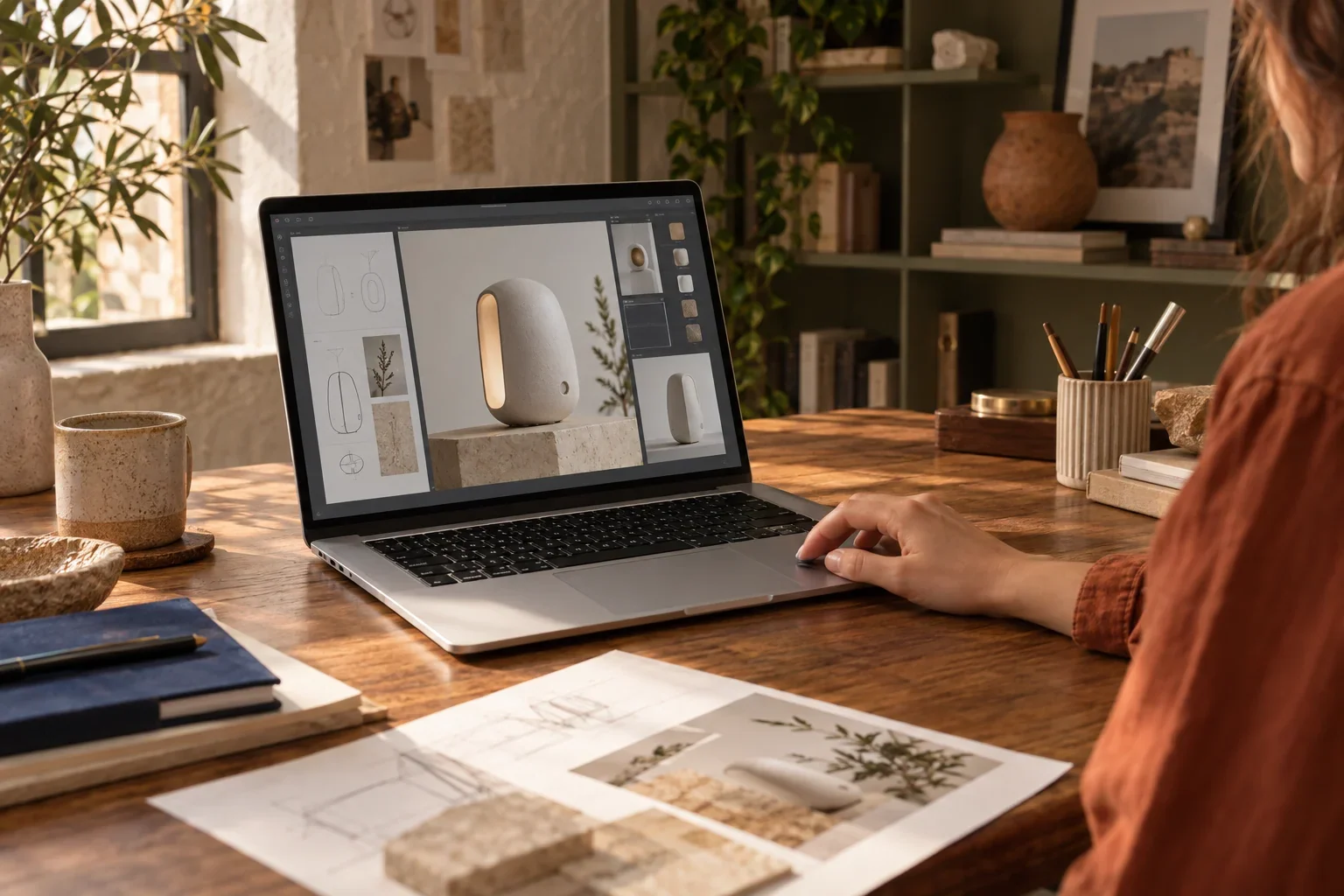 A designer working on a laptop at a warmly lit studio desk
