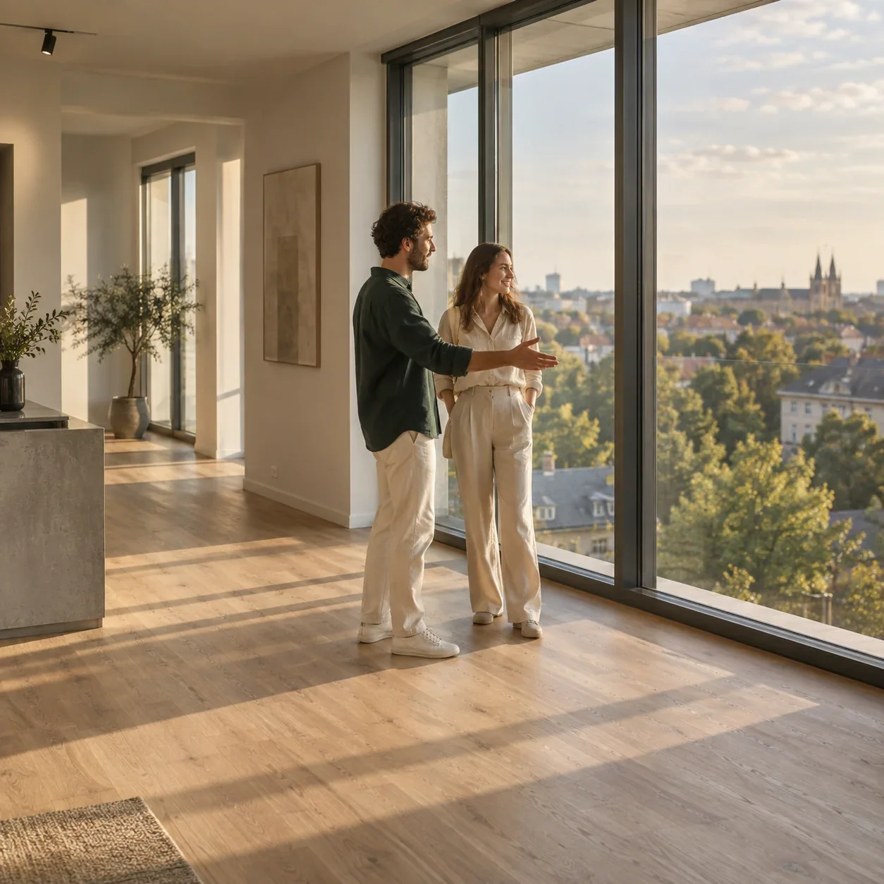 A couple exploring a sunlit apartment overlooking a leafy city neighbourhood