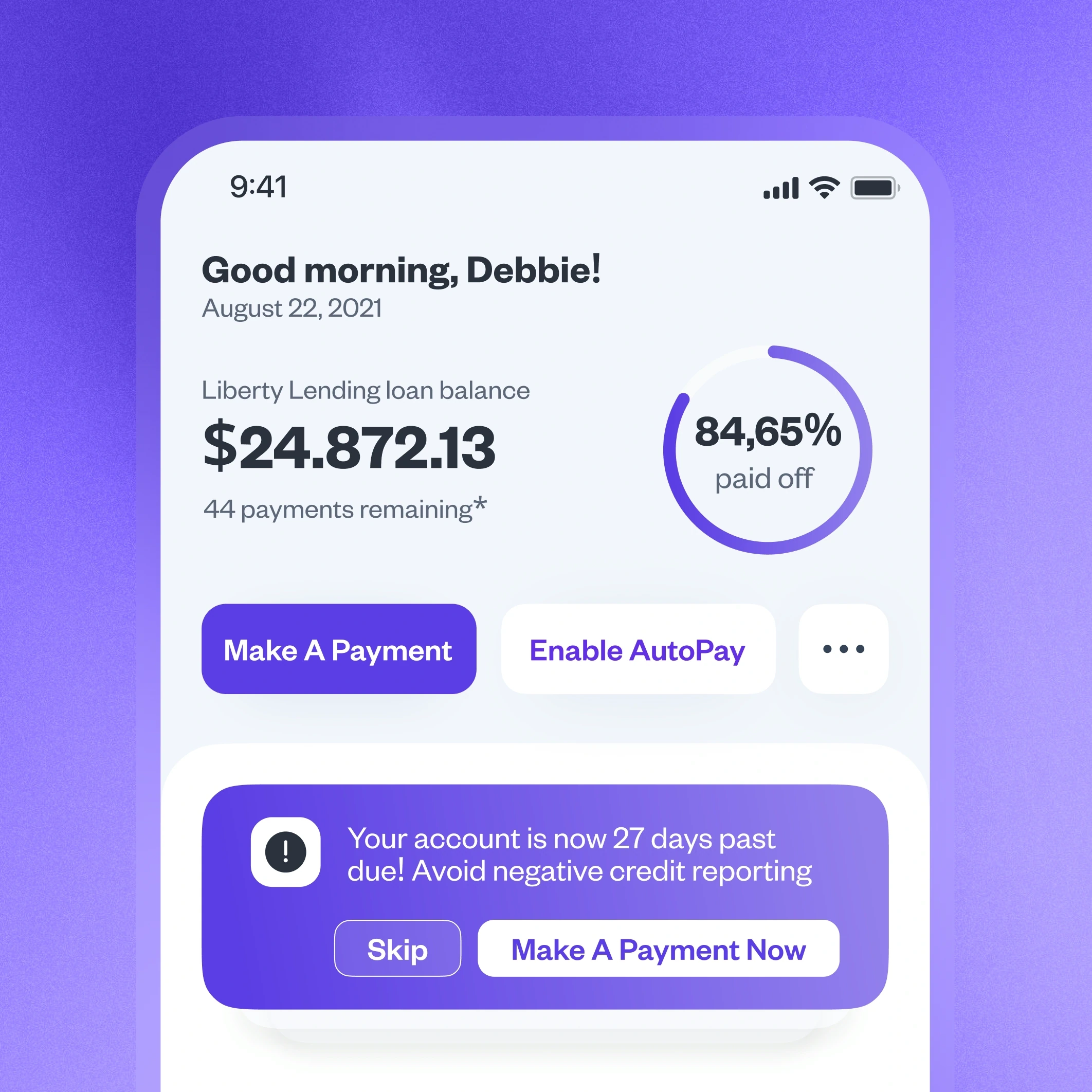 Reach loan balance, repayment progress and payment actions