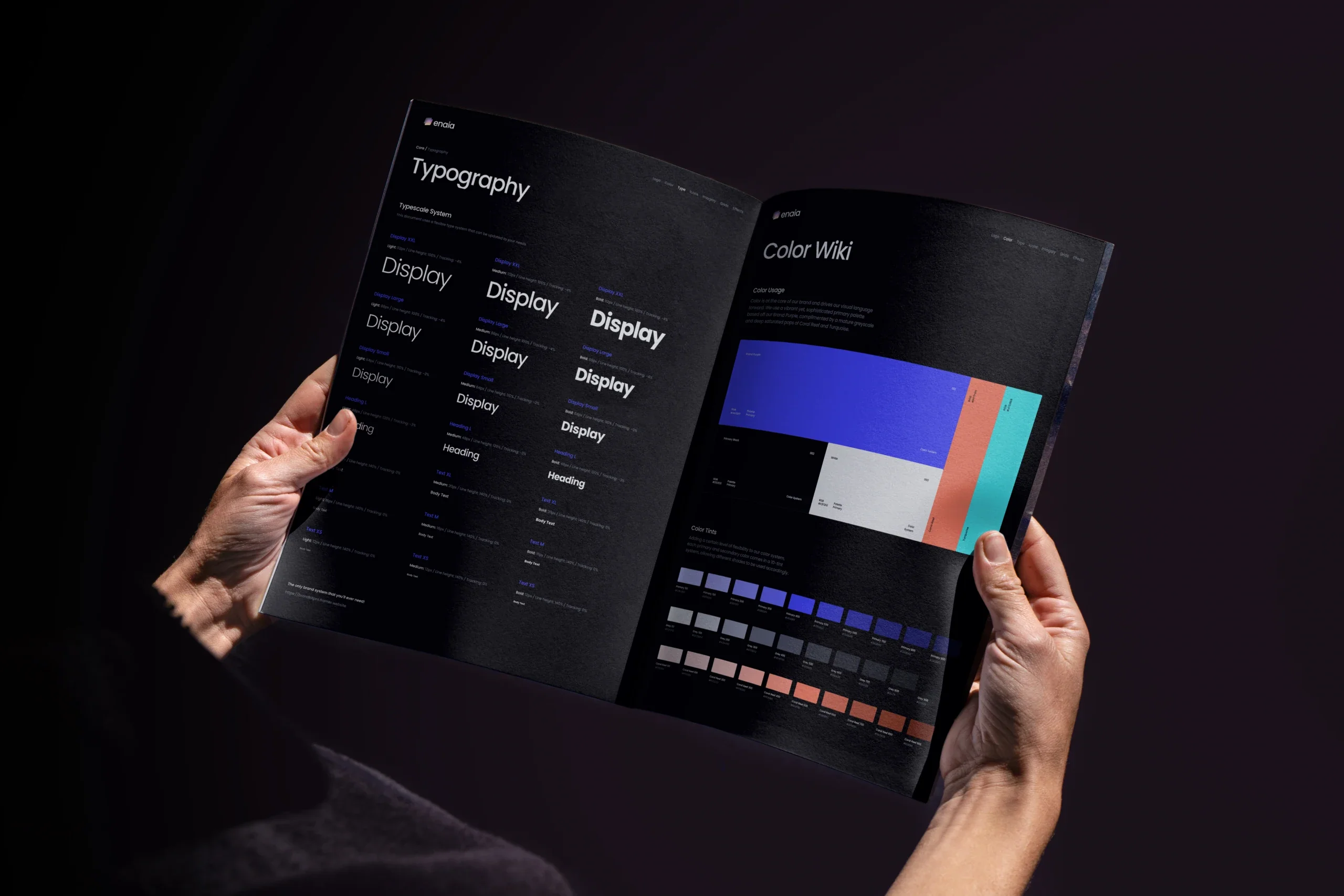 A printed brand system showing typography and colour guidelines