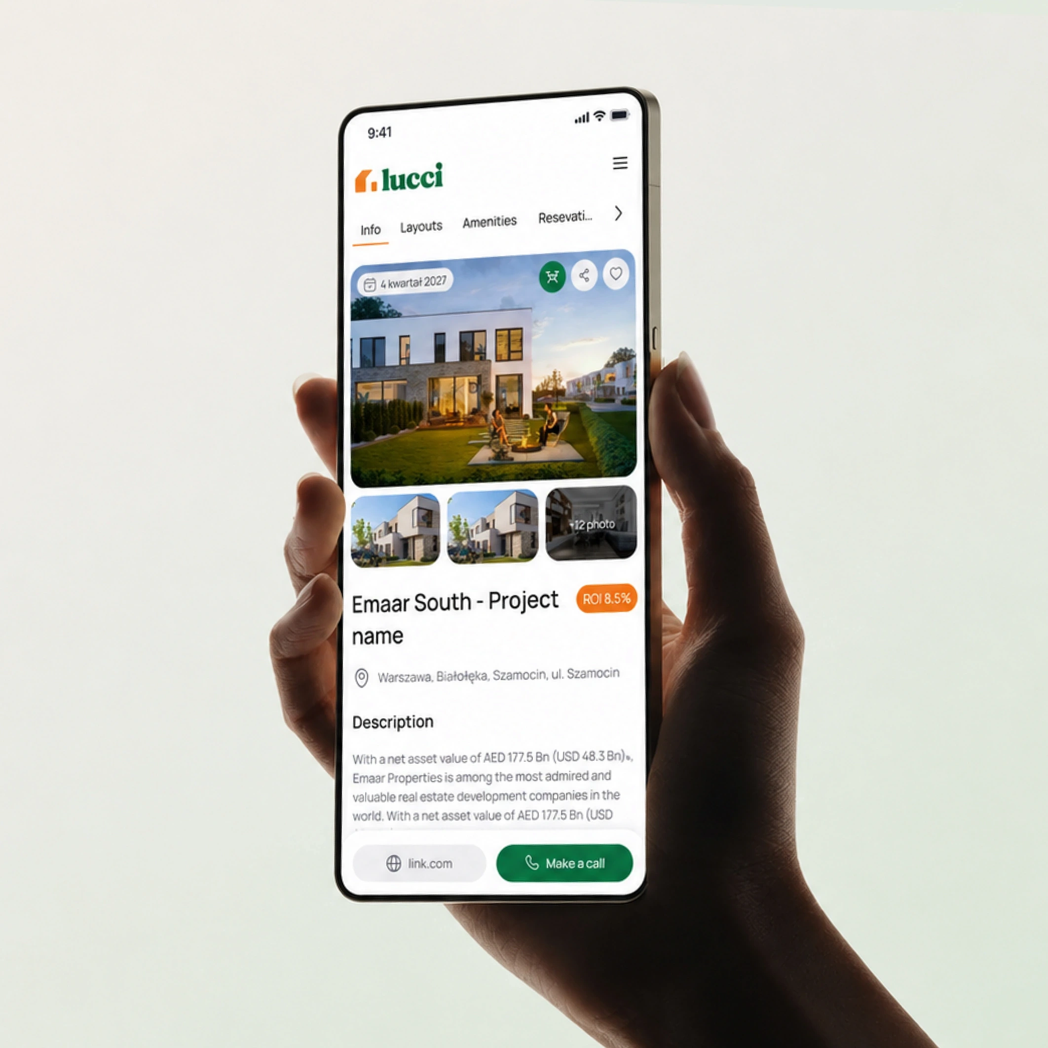 A Lucci property page on a phone, with images, location, project details and contact actions