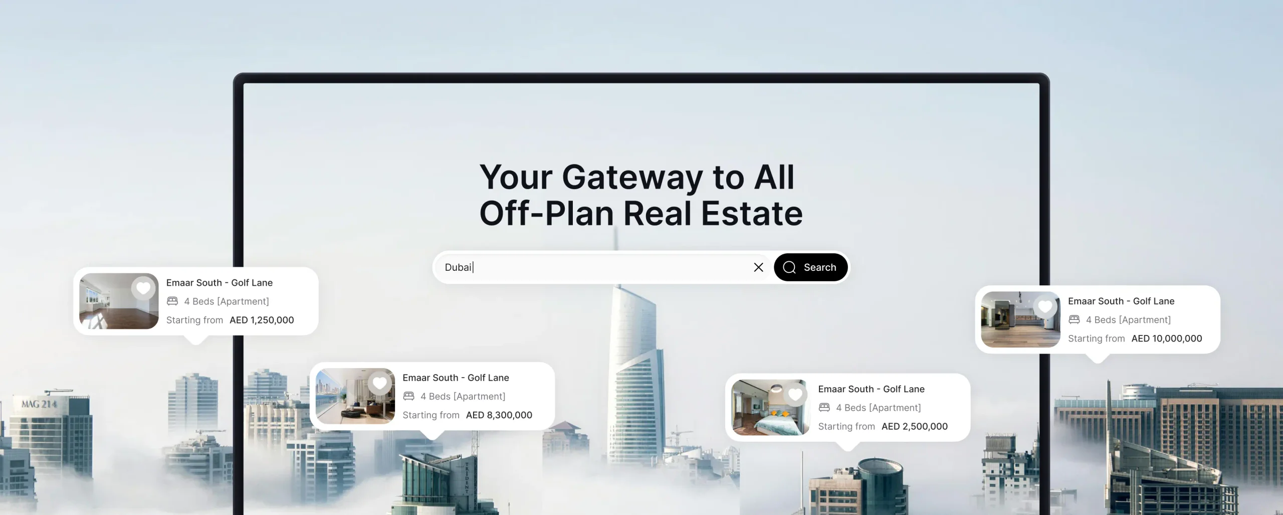 Homzly map-first property search with Dubai projects and pricing