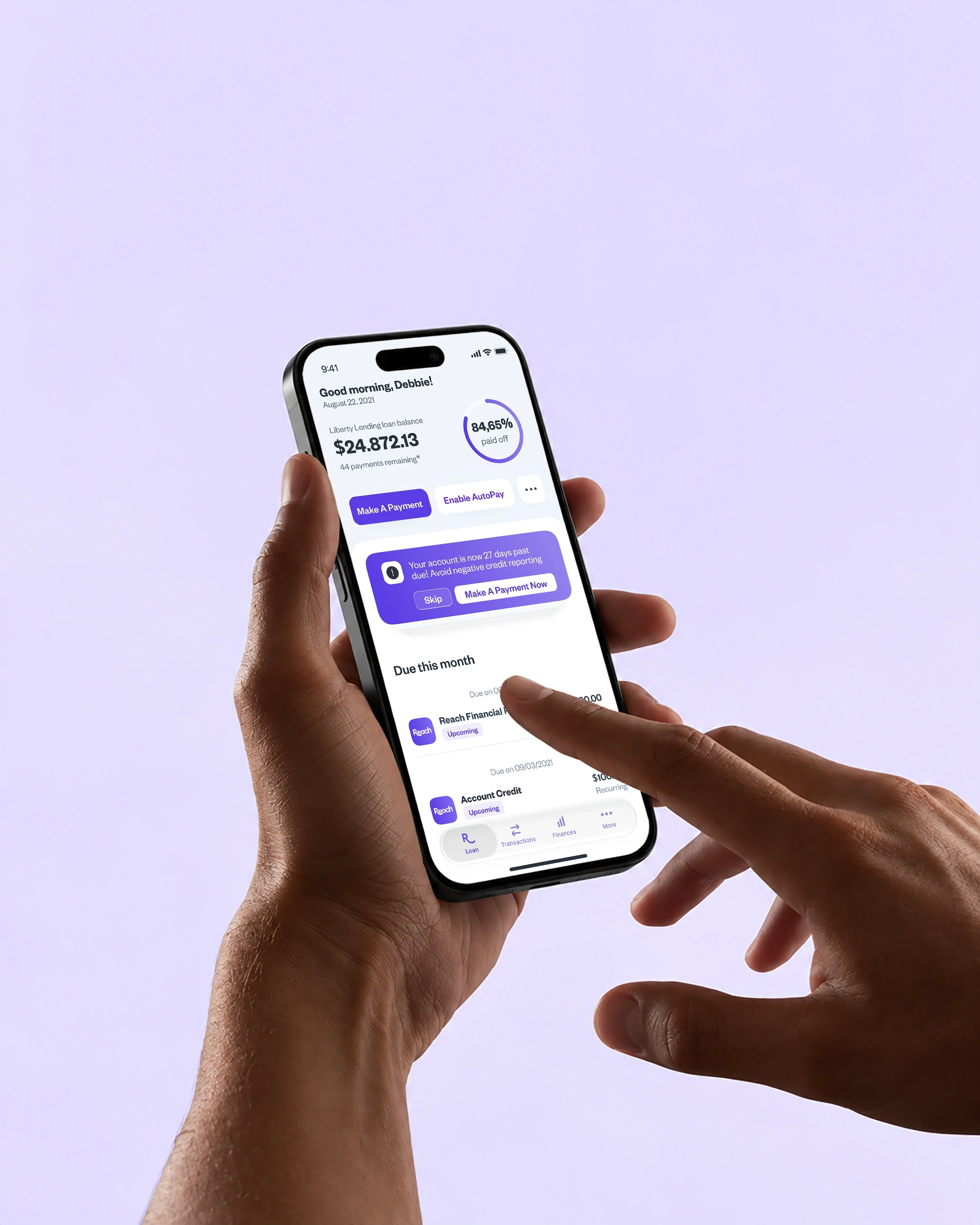 Reach mobile finance app held in natural hands against a lavender background