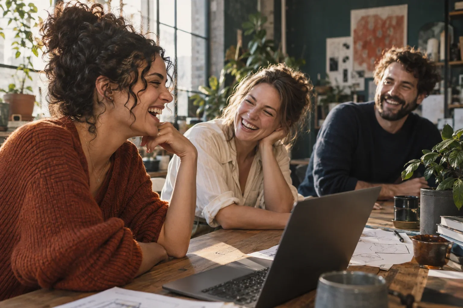 Colleagues sharing a relaxed moment around a studio worktable