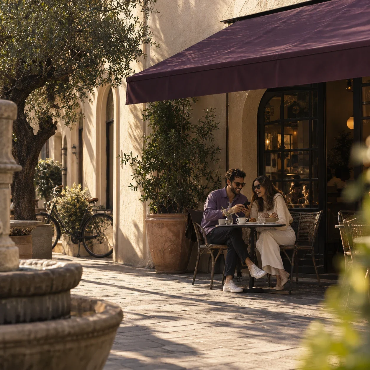 A couple sharing a laugh over a phone at an outdoor café