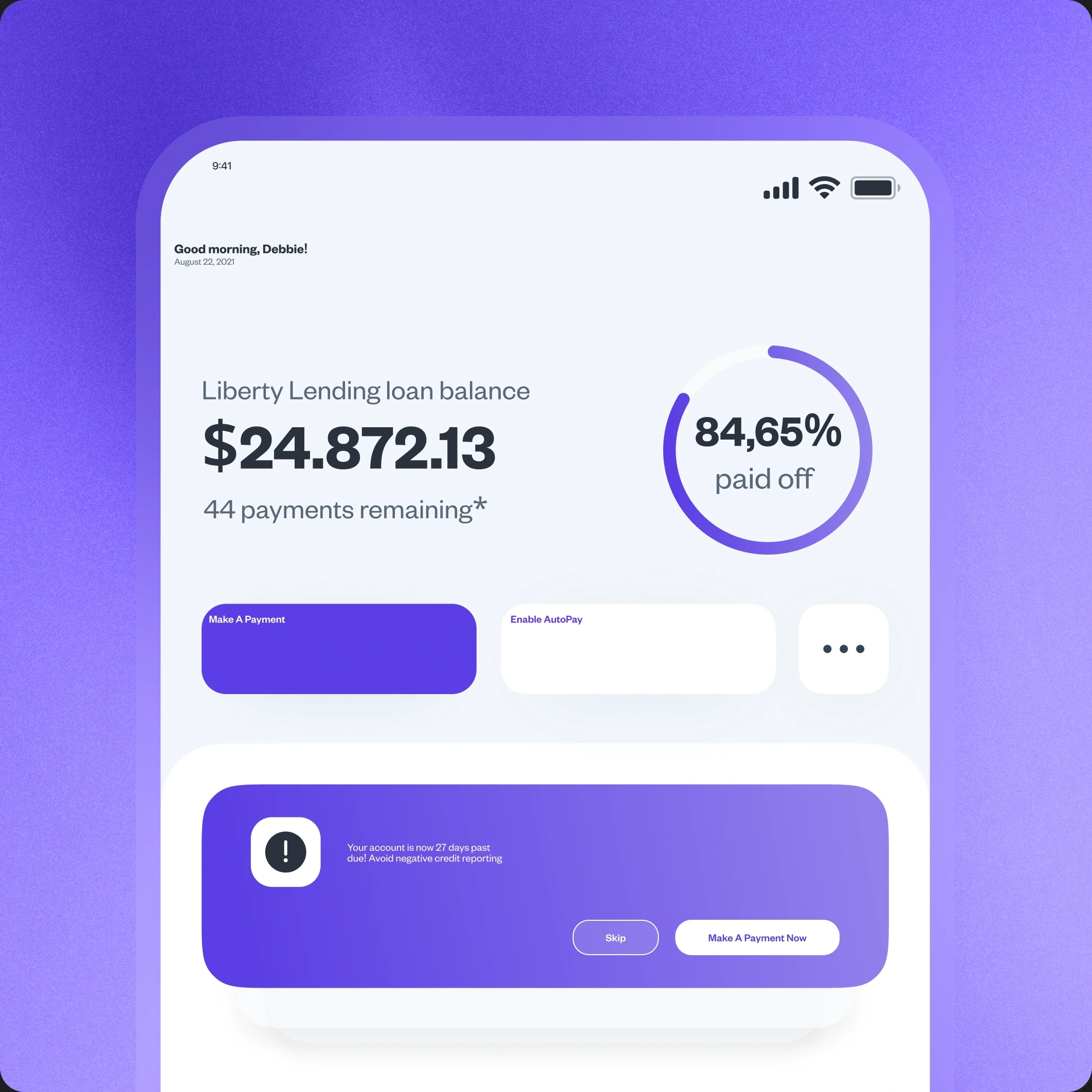 Reach loan balance, repayment progress and payment actions
