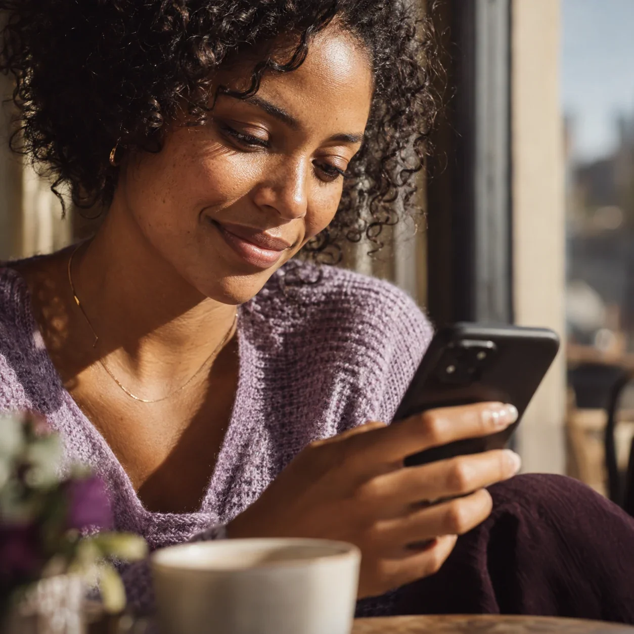 A woman enjoying a quiet moment with her phone by a sunlit window