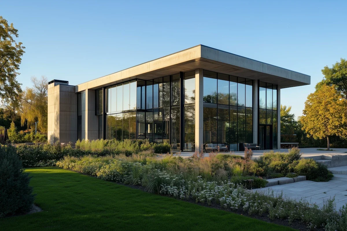 A modern, open building surrounded by a carefully planned landscape