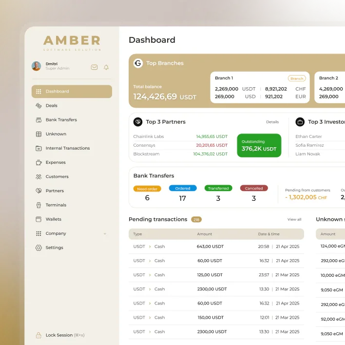 Amber desktop operations dashboard for transfers, wallets and customers