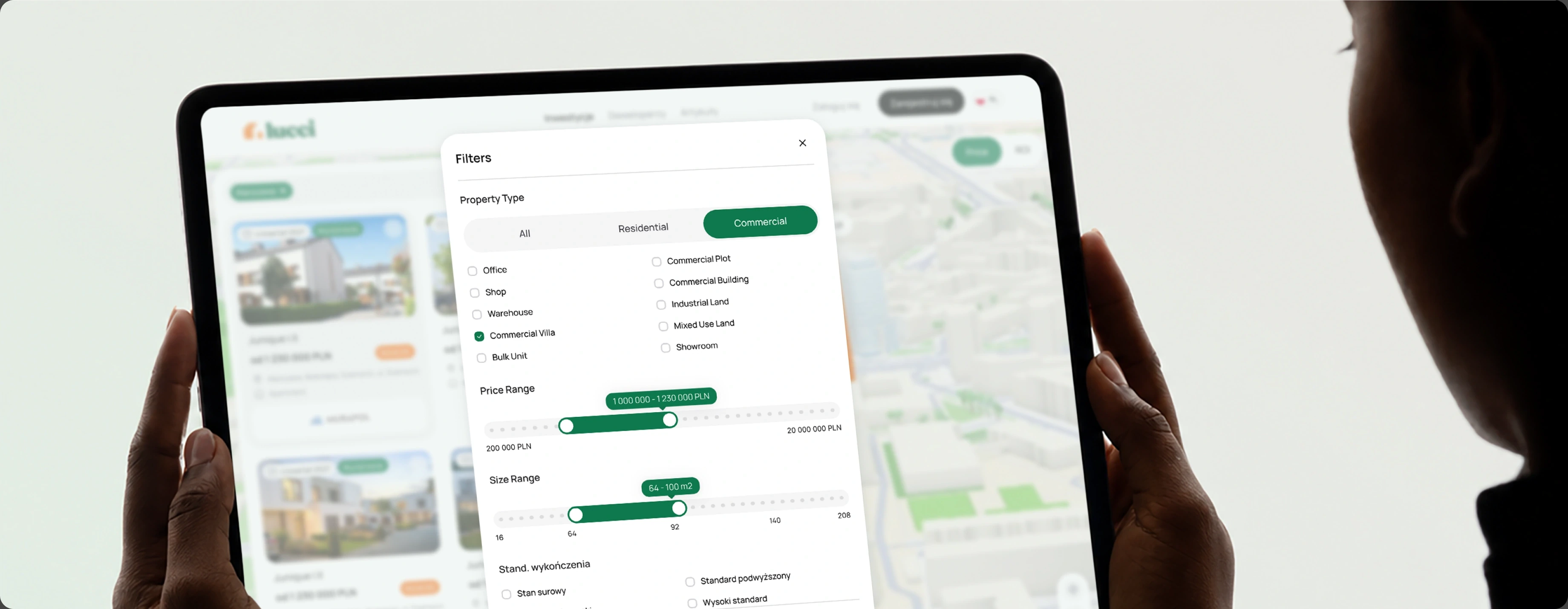 Lucci property search on a tablet, with map, listings and detailed search filters