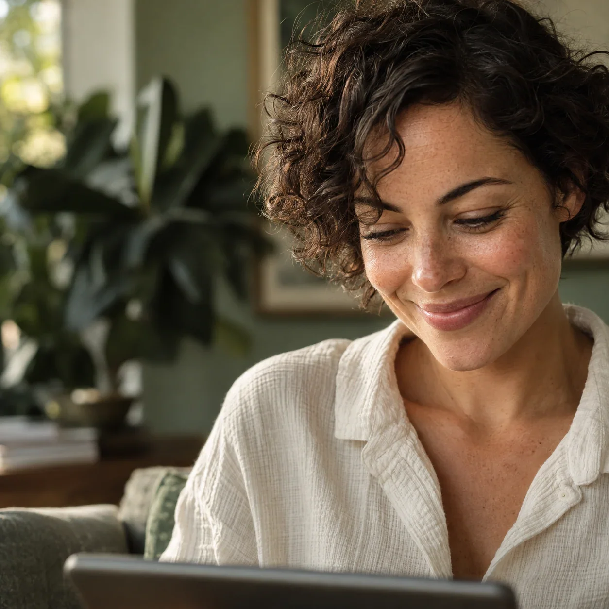 A woman smiling as she explores on a tablet in a softly lit home