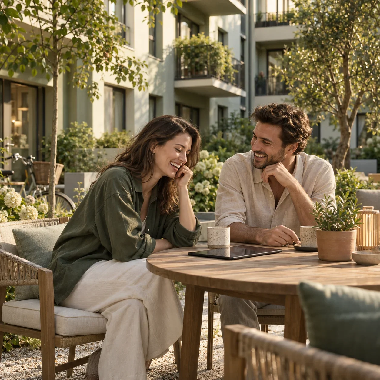 Two people sharing a laugh in the sunlit courtyard of a modern apartment building
